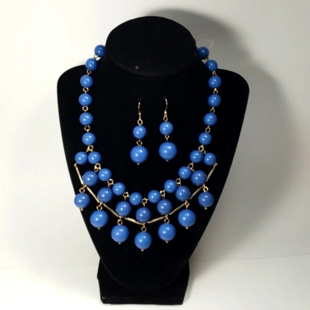 Blue Beaded Necklace & Earrings Set with Gold Links – Statement Evening Jewelry